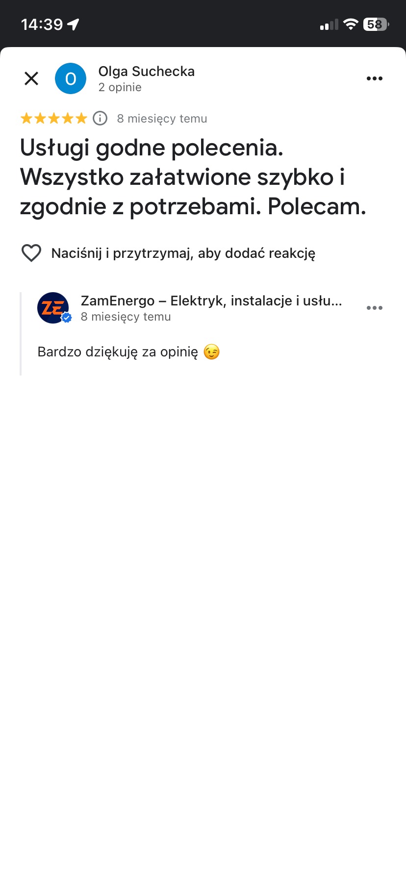 Opinia klientki Olgi Sucheckiej o usługach elektrycznych ZamEnergo: „Usługi godne polecenia. Wszystko załatwione szybko i zgodnie z potrzebami. Polecam.”