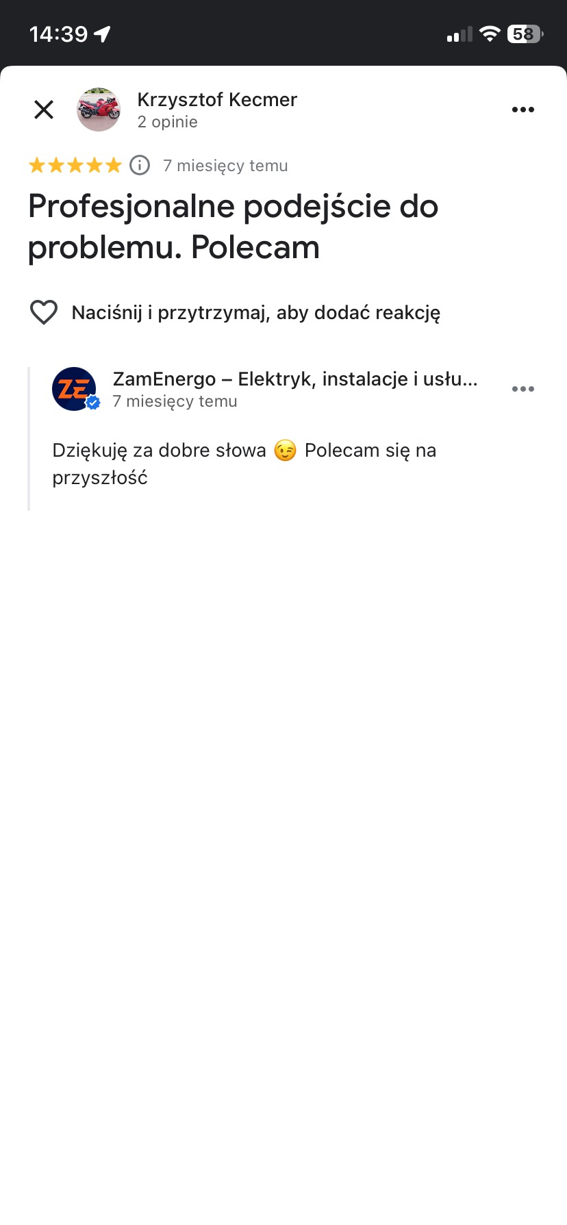 Zrzut ekranu z opinią klienta 'Profesjonalne podejście do problemu. Polecam' dla firmy ZamEnergo - Elektryk, instalacje i usługi.