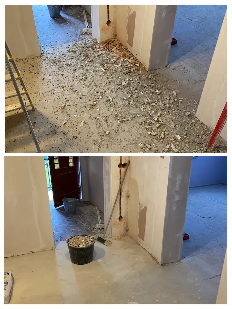 Dwa ujęcia wnętrza w trakcie remontu: gruz na podłodze w górnej części, posprzątana podłoga i wiadro z gruzem w dolnej części. Widoczne ślady po instalacjach w ścianie.