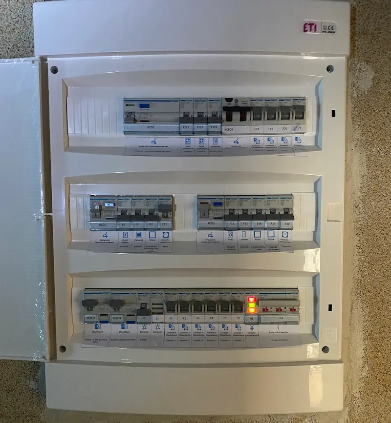 Rozdzielnica elektryczna z bezpiecznikami, widoczne oznaczenia obwodów. Jeden z bezpieczników włączony, sygnalizowany czerwoną diodą. Częściowo otwarta obudowa.