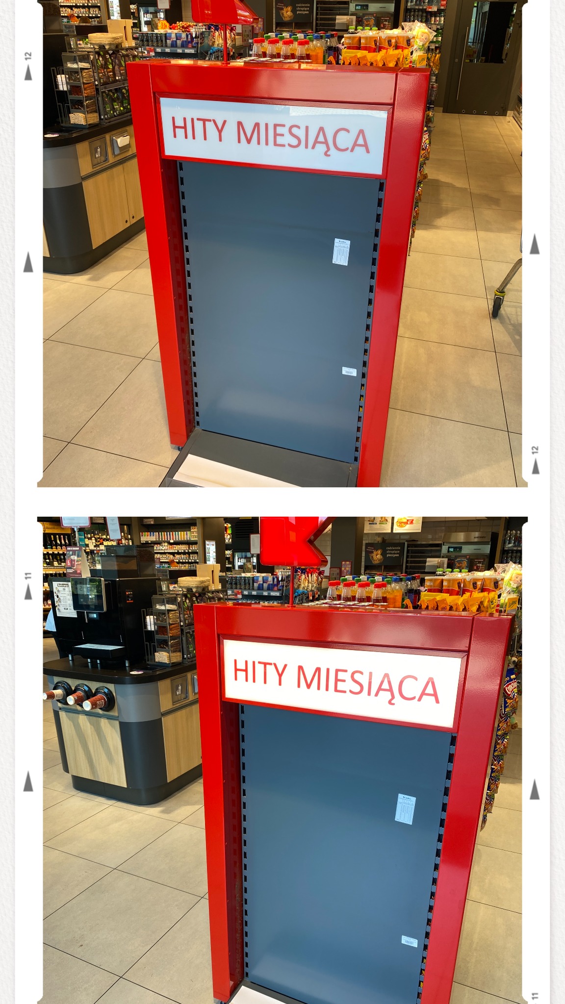 Czerwony regał z napisem 'Hity Miesiąca' w sklepie, widok z dwóch perspektyw. Półki puste, tło stanowią inne regały i ekspozycje sklepowe.