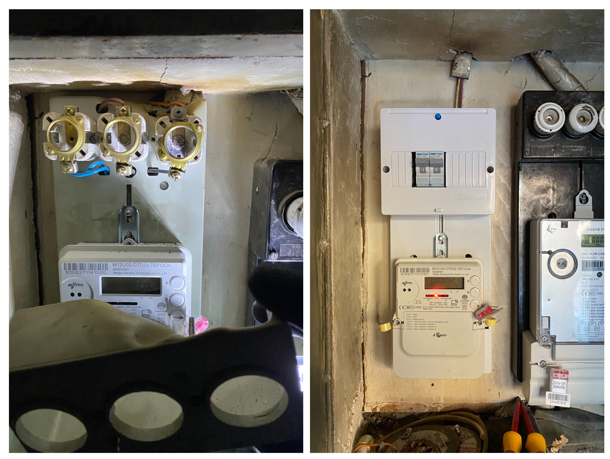 Dwa liczniki elektryczne: stary z bezpiecznikami topikowymi i nowy z wyłącznikiem nadprądowym. Widoczne przewody i elementy instalacji w szarej wnęce.