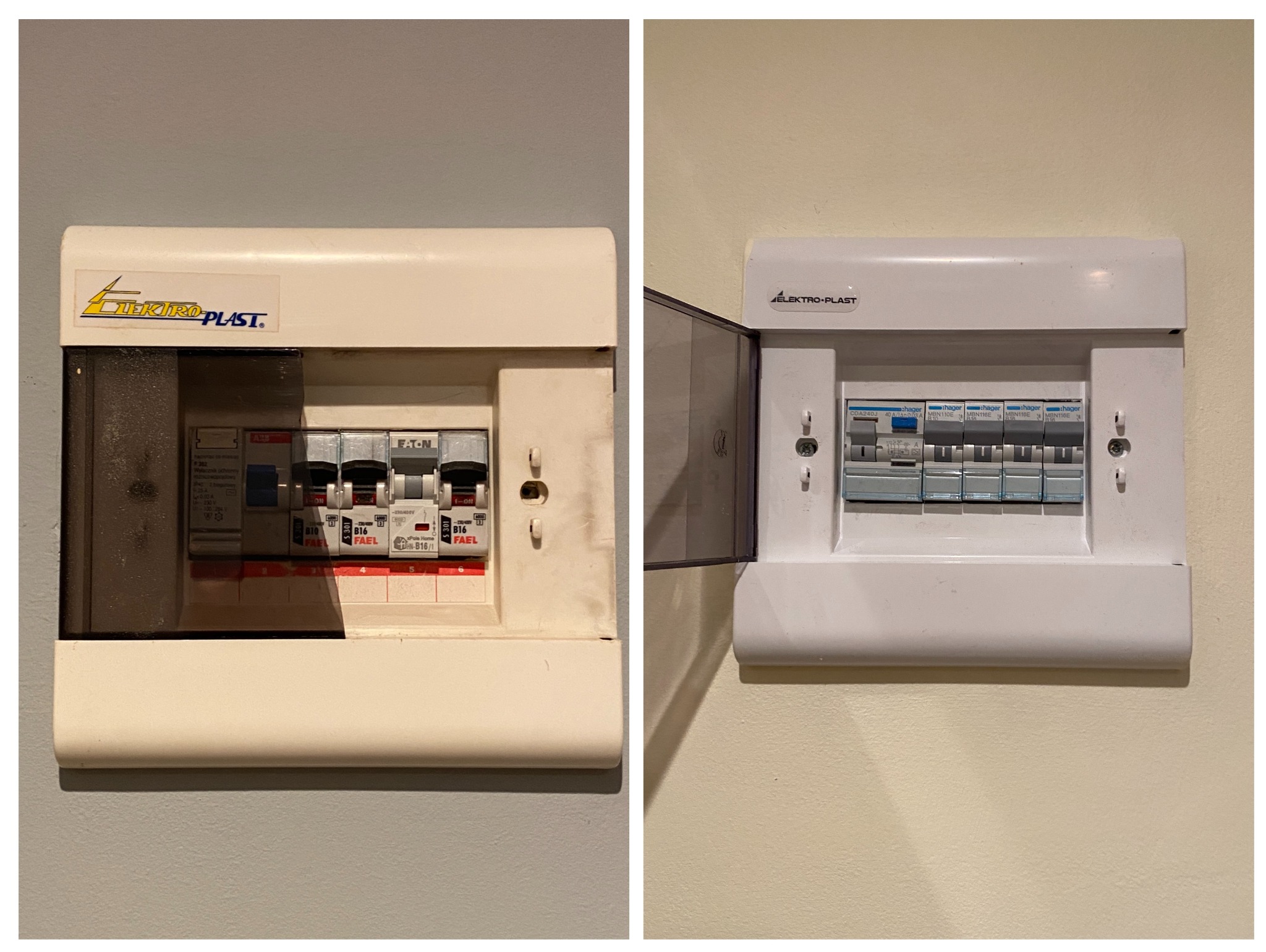 Zdjęcie porównawcze: stara i nowa skrzynka elektryczna Elektro-Plast na ścianie. Po lewej stara, zakurzona, po prawej nowa, z przezroczystą osłoną.