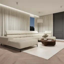 Jasny, modułowy narożnik z pikowaniem w salonie z kremowymi zasłonami, okrągłym stolikiem kawowym i parkietem w jodełkę.