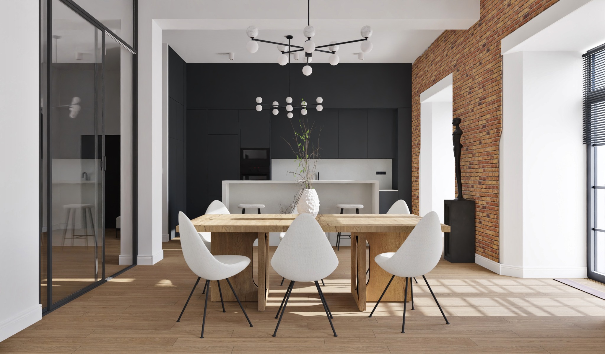 Jasna jadalnia z drewnianym stołem, białymi krzesłami i widokiem na czarną kuchnię z ceglaną ścianą akcentującą, oświetlona nowoczesną lampą sufitową.