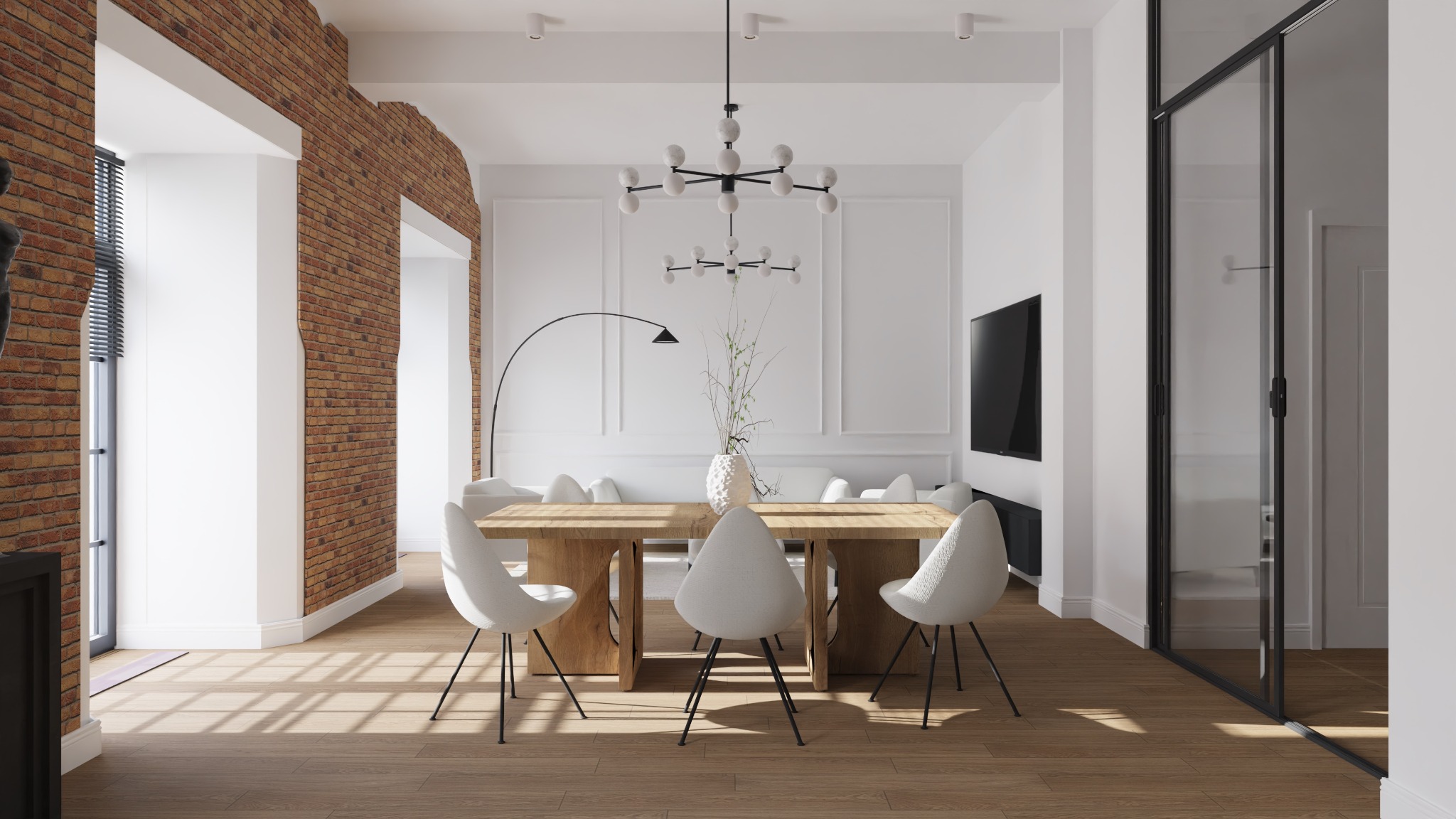 Jasne wnętrze jadalni z drewnianym stołem, białymi krzesłami i ceglaną ścianą w tle, oświetlone przez nowoczesną lampę sufitową.