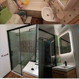 PRO-Desing Wojciech Karwowski - Porównanie stanu łazienki przed i po remoncie: od zagraconej, starej armatury i płytek, do nowoczesnej kabiny prysznicowej z czarną ramą, podświetlanego lustra i drewnianej szafki pod umywalką.