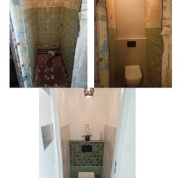 PRO-Desing Wojciech Karwowski - Kolaż zdjęć przedstawiający remont toalety: stan przed, w trakcie i po remoncie. Widoczne surowe ściany, instalacje i nowa, wykończona toaleta z drewnianą podłogą, zielonymi płytkami i nowoczesną...