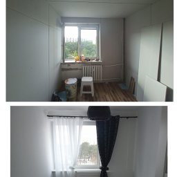 PRO-Desing Wojciech Karwowski - Dwa ujęcia tego samego pokoju w Gdańsku: pierwsze przedstawia etap przygotowania ścian do malowania, widoczne płyty gipsowo-kartonowe, narzędzia i grzejnik; drugie ukazuje pokój po remoncie,...