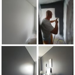 PRO-Desing Wojciech Karwowski - Czteropanelowe ujęcie: przygotowanie i efekt natryskowego malowania ścian na szaro, z widocznym malarzem w trakcie pracy oraz wykończonym wnętrzem z komodą i dekoracjami.