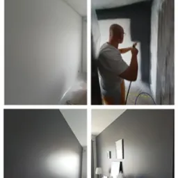 Czteropanelowe ujęcie: przygotowanie i efekt natryskowego malowania ścian na szaro, z widocznym malarzem w trakcie pracy oraz wykończonym wnętrzem z komodą i dekoracjami.