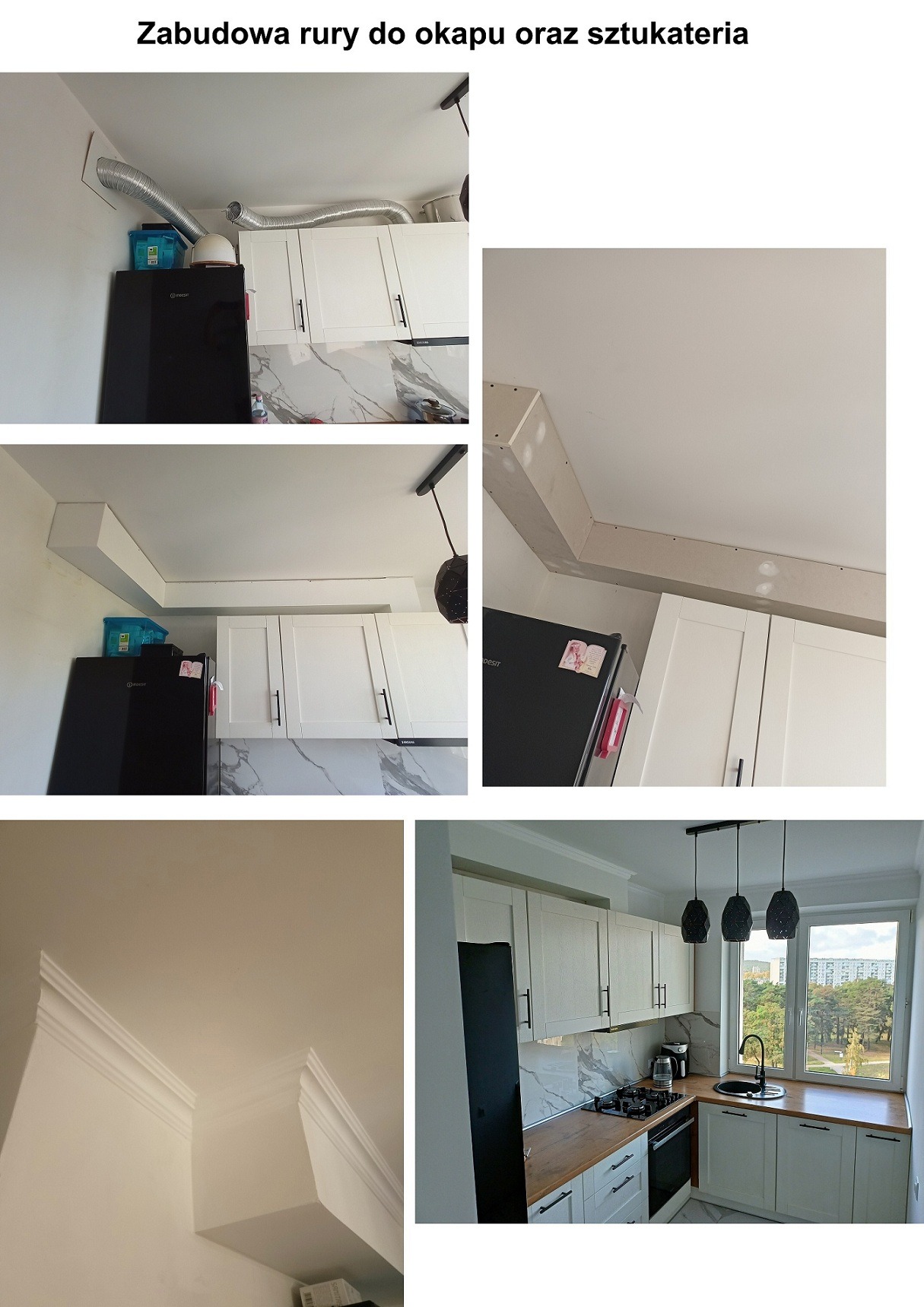 Wykończona kuchnia z zabudową rury okapu, sztukaterią sufitową, białymi szafkami z czarnymi uchwytami, blatem drewnopodobnym i marmurowym backsplash.