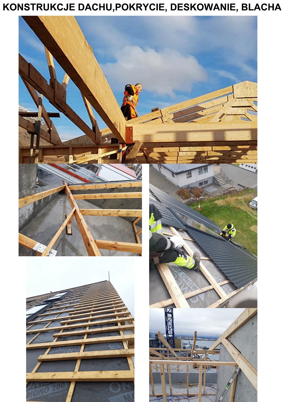 Wielopanelowe ujęcie z budowy dachu: konstrukcja więźby dachowej z deskowaniem, montaż izolacji i blachy trapezowej przez dekarza w stroju roboczym, widok na miasto w tle.