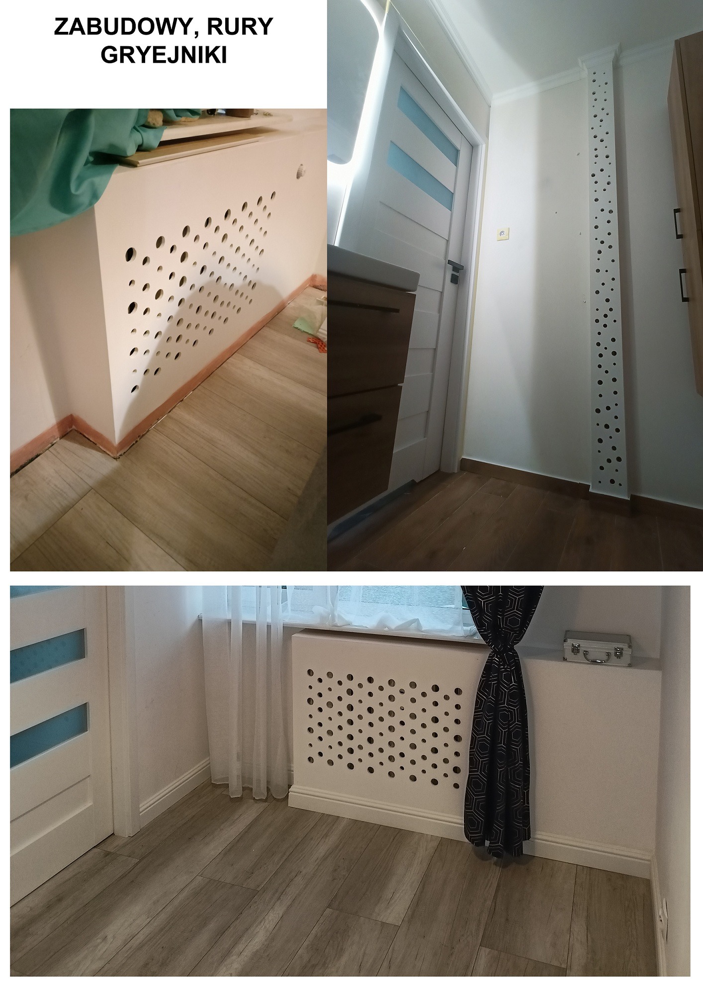 Biała zabudowa grzejnika z otworami w kształcie kół, dopasowana do koloru ścian i listew przypodłogowych, na tle drewnianej podłogi i białych drzwi z szybami.