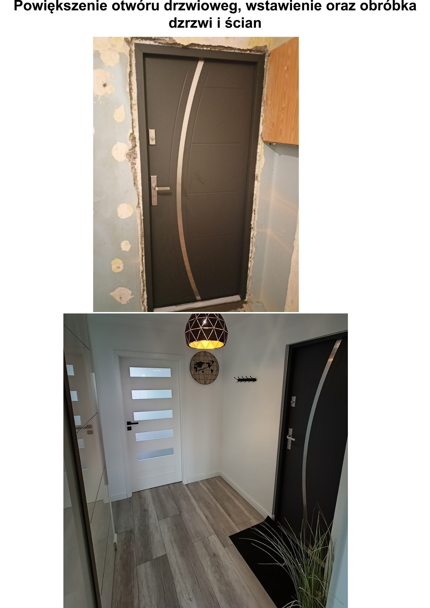 Dwa ujęcia: górne przedstawia szarą, nowoczesną drzwi wejściowe z srebrnym akcentem, osadzone w surowym otworze ściany z widocznymi ubytkami tynku; dolne ukazuje te same drzwi w wykończonym...