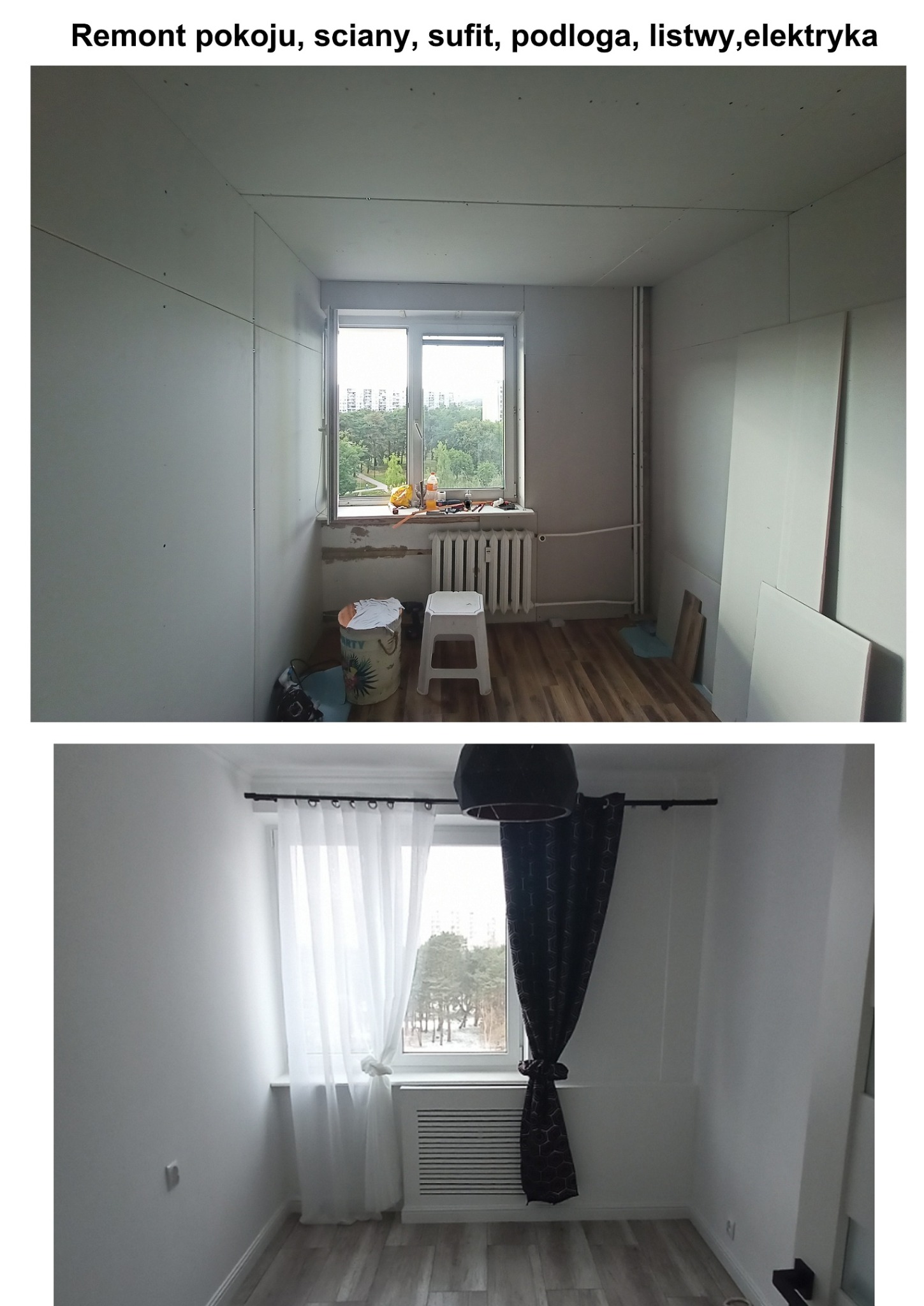 Dwa ujęcia tego samego pokoju w Gdańsku: pierwsze przedstawia etap przygotowania ścian do malowania, widoczne płyty gipsowo-kartonowe, narzędzia i grzejnik; drugie ukazuje pokój po remoncie,...