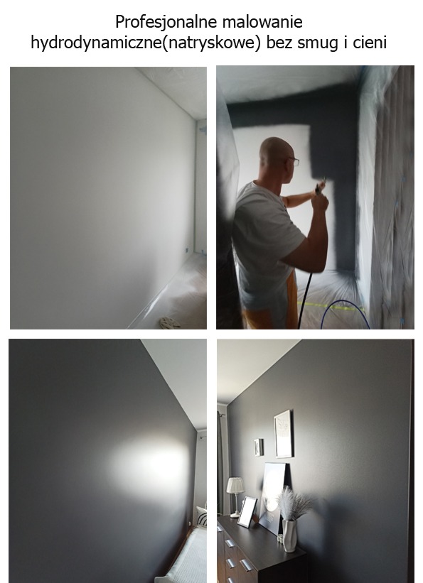 Czteropanelowe ujęcie: przygotowanie i efekt natryskowego malowania ścian na szaro, z widocznym malarzem w trakcie pracy oraz wykończonym wnętrzem z komodą i dekoracjami.