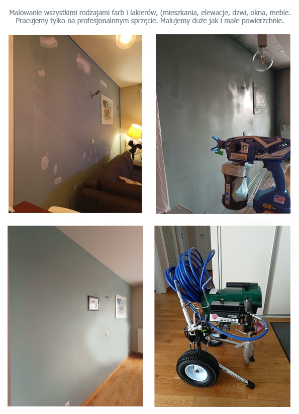 Ściana w trakcie malowania natryskowego na szaro-zielony kolor, widoczne ślady po szpachlowaniu, w tle meble i lampa, obok pistolet natryskowy i agregat malarski na kółkach.