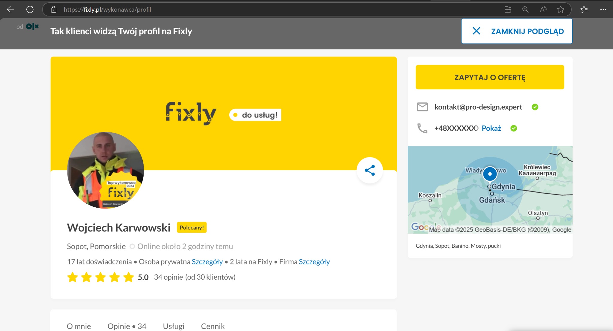 Profil wykonawcy Wojciecha Karwowskiego na platformie Fixly, widok ekranu z informacjami kontaktowymi, oceną 5.0 i adresem e-mail kontakt@pro-design.expert.