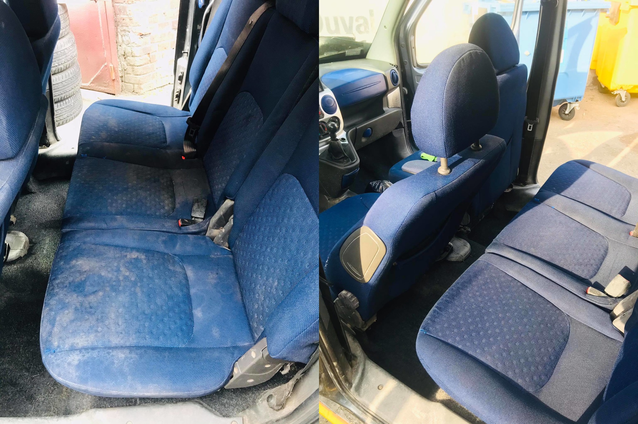 Zdjęcie 'przed i po' prania tapicerki samochodowej, ukazujące różnicę w czystości niebieskich siedzeń. Widoczne zabrudzenia na siedzeniu przed czyszczeniem.