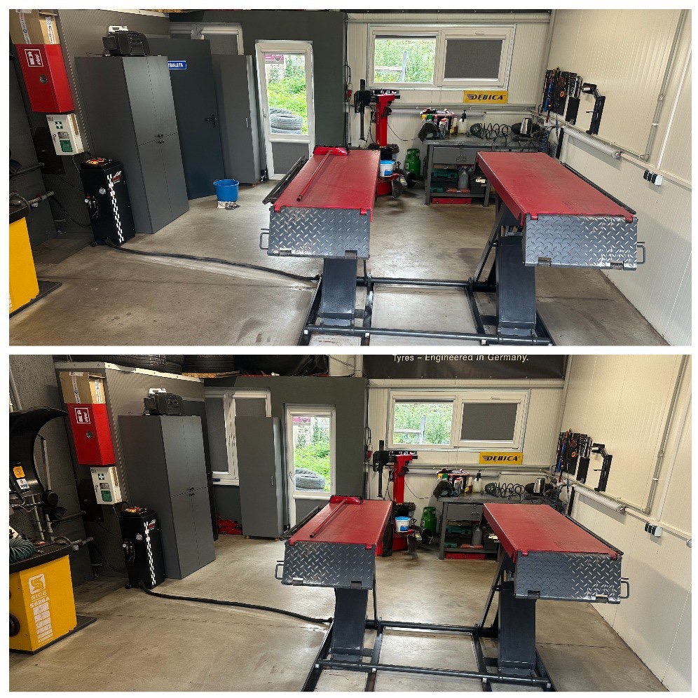 Warsztat w układzie 'przed i po': widok podnośników samochodowych, szafek narzędziowych i wyposażenia, ukazujący stan czystości przed i po sprzątaniu.