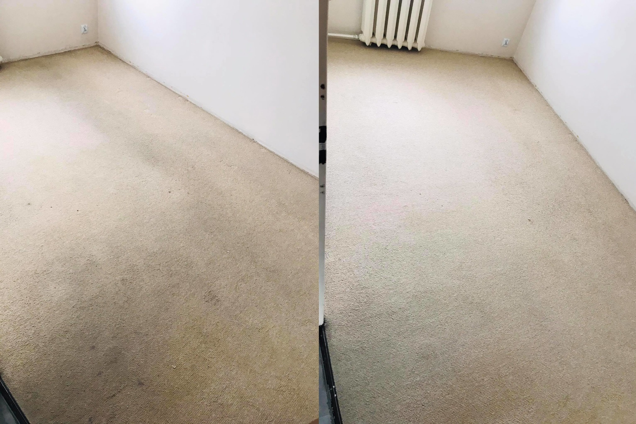 Dywan w pokoju podzielony na dwie części: brudny (przed) i czysty (po), ukazujący efekt prania. Widoczny grzejnik i fragment ściany. Perspektywa z góry.