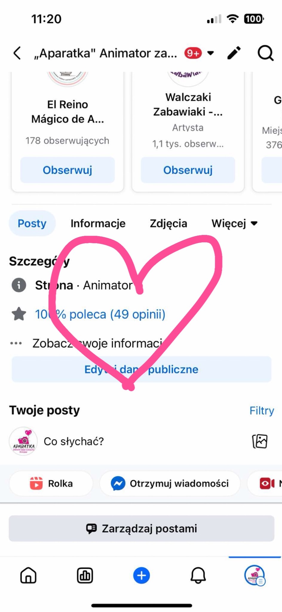 Zrzut ekranu profilu firmy 'Aparatka' oferującej usługi animacji dla dzieci na platformie Facebook, z widocznymi informacjami o liczbie obserwujących, ocenach i możliwością kontaktu. Rysunek serca...