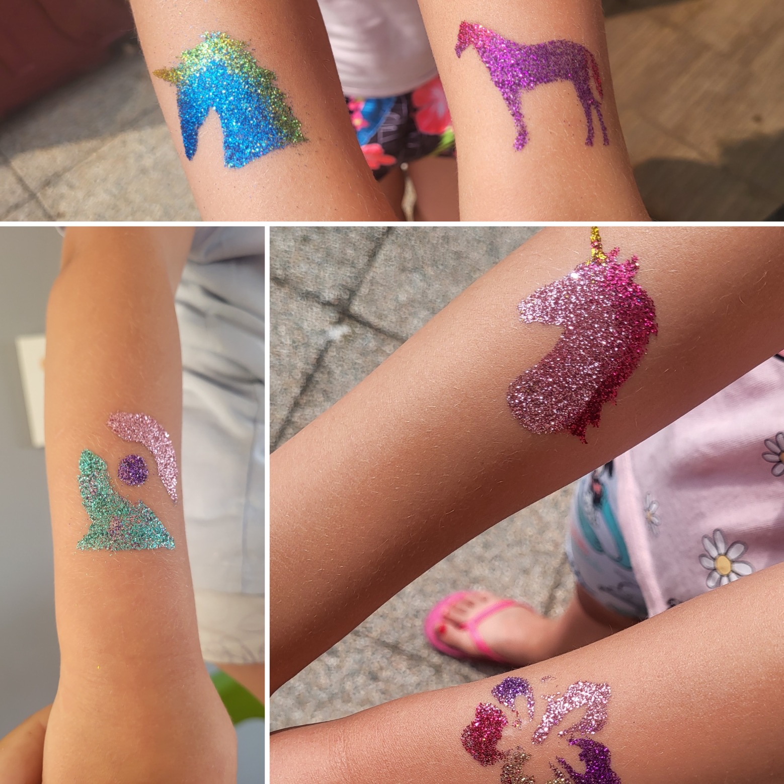 Dziecięce ramiona ozdobione brokatowymi tatuażami w kształcie jednorożców, koni i abstrakcyjnych wzorów, wykonane w różnych kolorach brokatu.