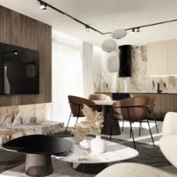 Wizualizacja salonu z jadalnią w odcieniach beżu i brązu, okrągły stół z krzesłami na tle ściany z marmuru, nad stołem lampy kuliste, na pierwszym planie stoliki kawowe z marmurowymi blatami...