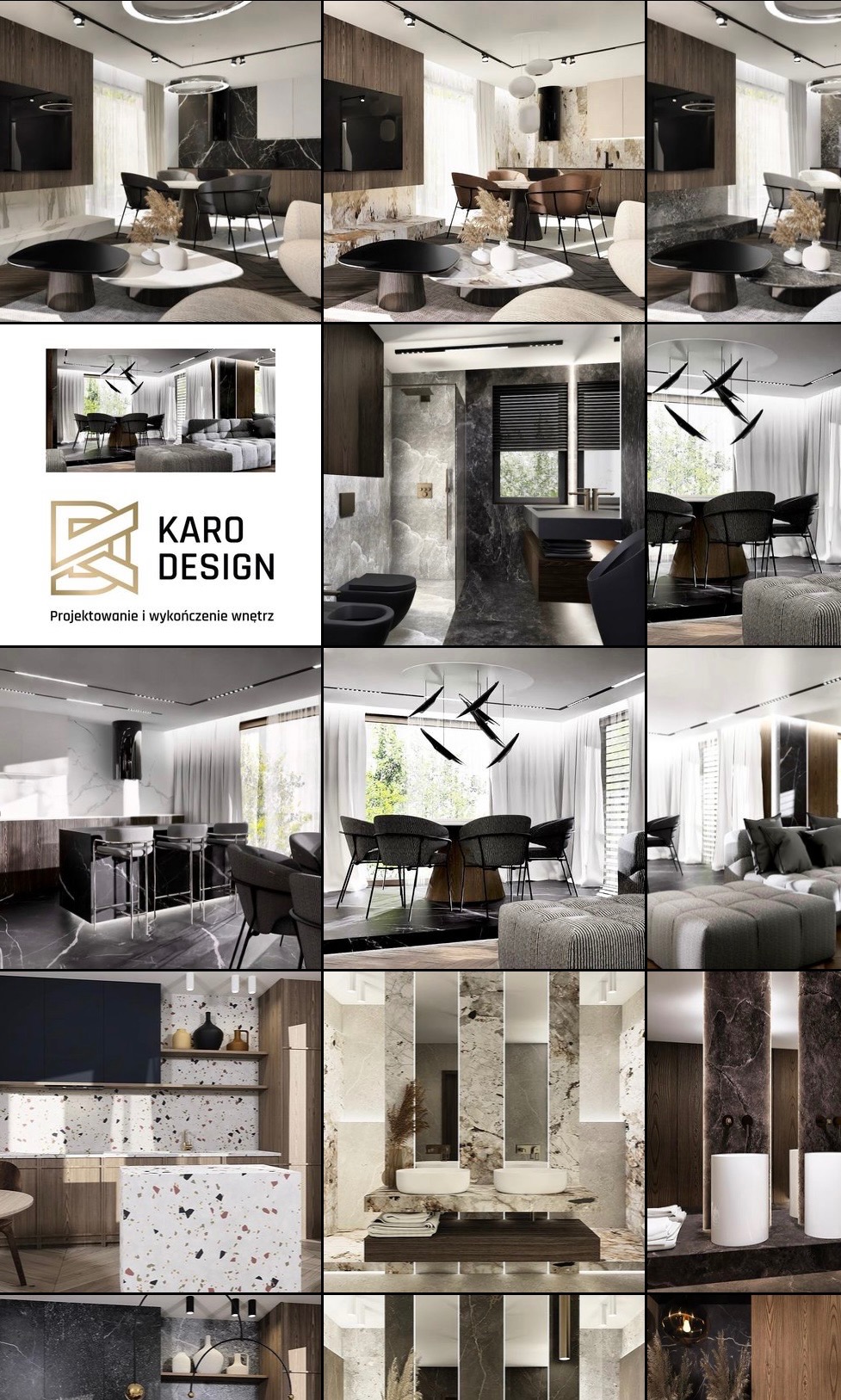 Kolaż zdjęć prezentujący różnorodne, luksusowe wnętrza: salon z marmurowym wykończeniem, łazienka z kamienną umywalką i kuchnia z wyspą wykończoną lastryko.