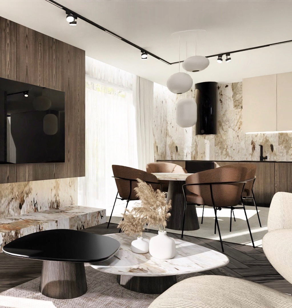 Wizualizacja salonu z jadalnią w odcieniach beżu i brązu, okrągły stół z krzesłami na tle ściany z marmuru, nad stołem lampy kuliste, na pierwszym planie stoliki kawowe z marmurowymi blatami...