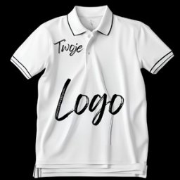 Let-Dom Janusz Majer - Biała koszulka polo z czarnymi obszyciami, na której widnieje napis 'Twoje Logo' wykonany czarną, kaligraficzną czcionką.