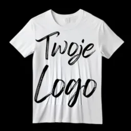 Biała koszulka z nadrukowanym czarnym napisem 'Twoje Logo' na tle imitującym materiał. Widoczne delikatne zagniecenia na koszulce.
