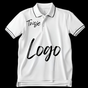 Biała koszulka polo z czarnymi obszyciami, na której widnieje napis 'Twoje Logo' wykonany czarną, kaligraficzną czcionką.