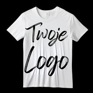 Biała koszulka z nadrukowanym czarnym napisem 'Twoje Logo' na tle imitującym materiał. Widoczne delikatne zagniecenia na koszulce.