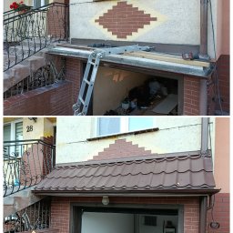 ALLES - Dwuczęściowe ujęcie: montaż zadaszenia nad garażem w trakcie (góra) i po zakończeniu (dół). Widoczne narzędzia, drabina i efekt końcowy z brązową blachodachówką.