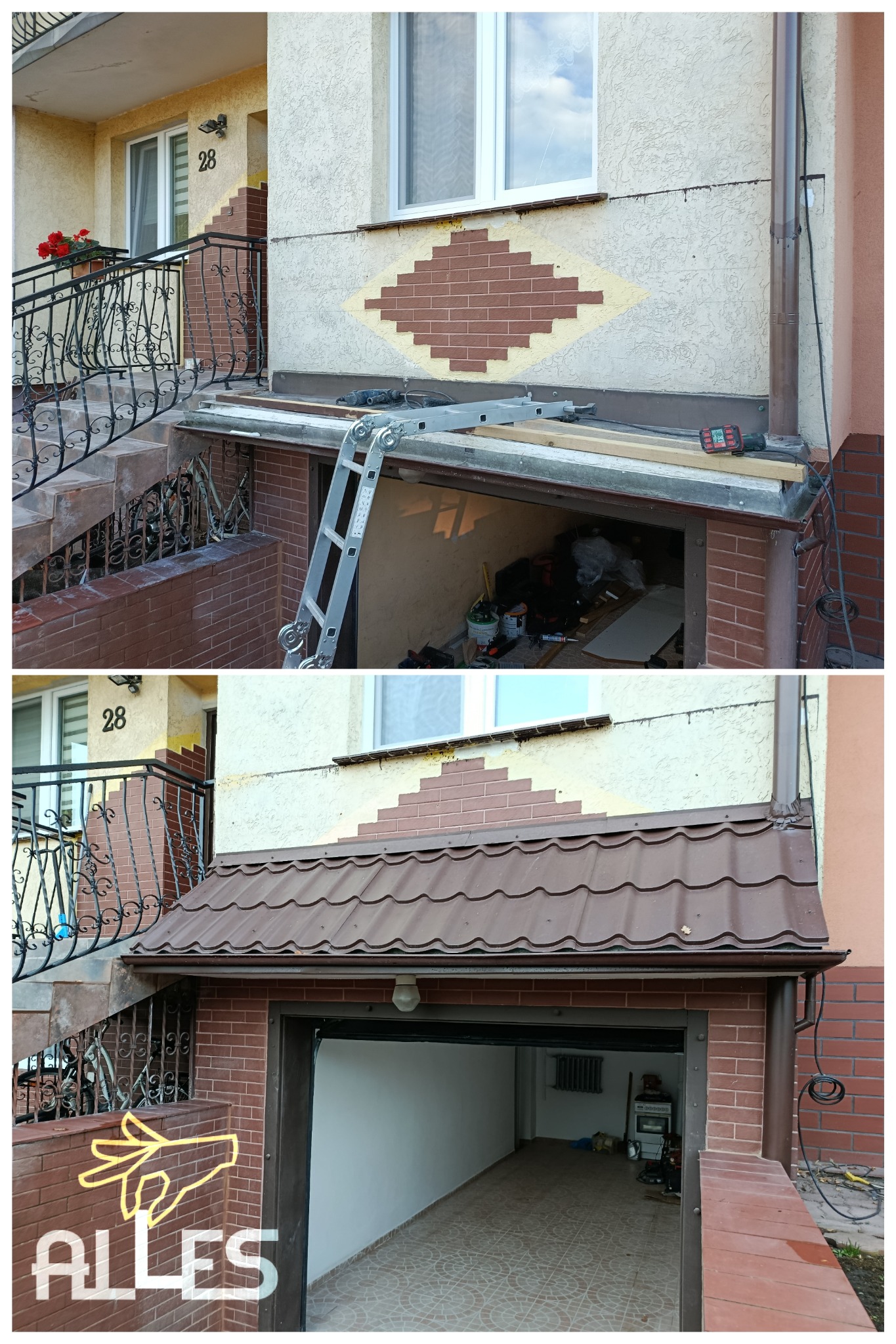 Dwuczęściowe ujęcie: montaż zadaszenia nad garażem w trakcie (góra) i po zakończeniu (dół). Widoczne narzędzia, drabina i efekt końcowy z brązową blachodachówką.