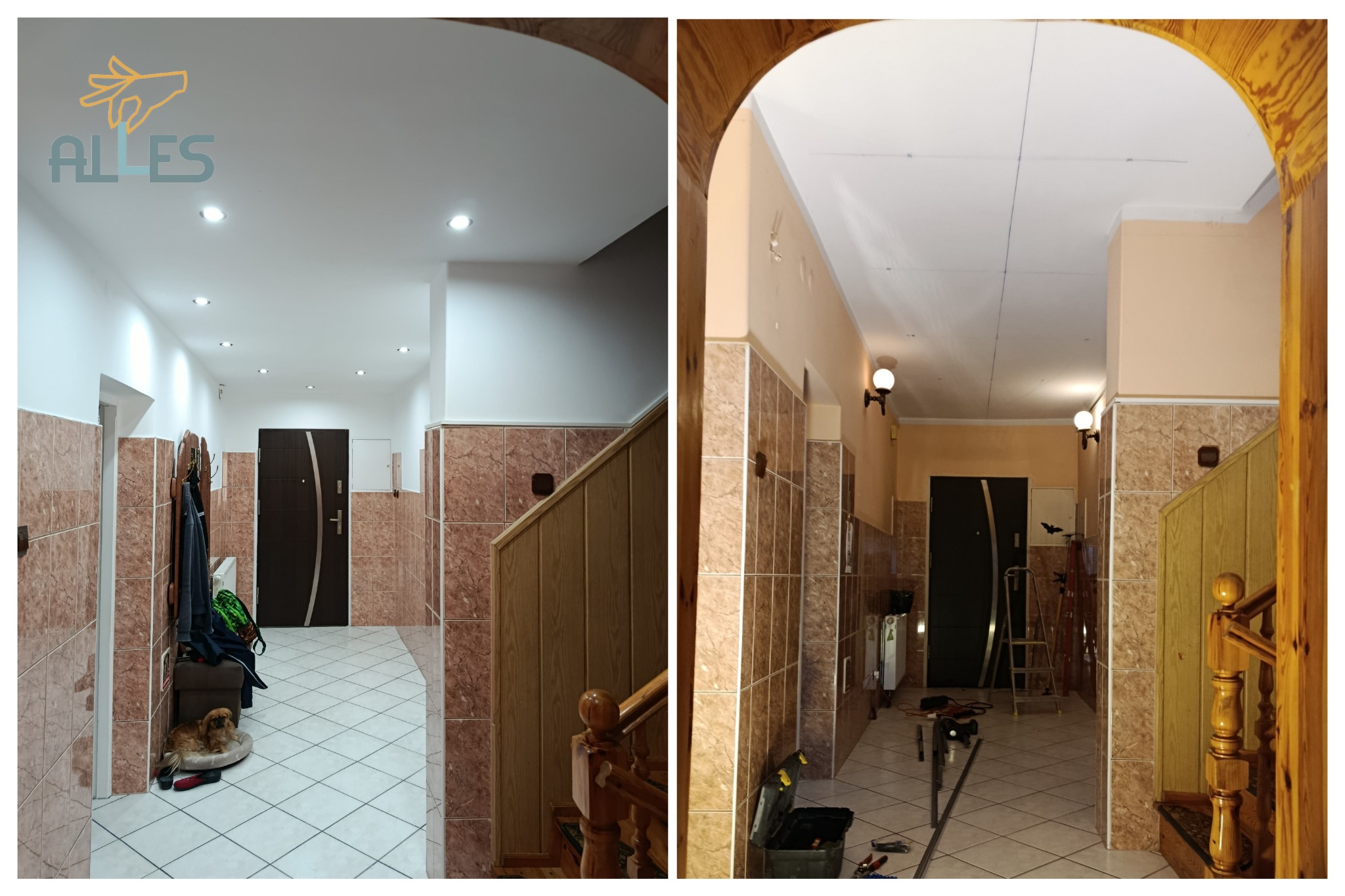 Korytarz przed i po montażu podwieszanego sufitu z oświetleniem punktowym. Po lewej: efekt końcowy. Po prawej: etap prac z widocznymi narzędziami i drabina.