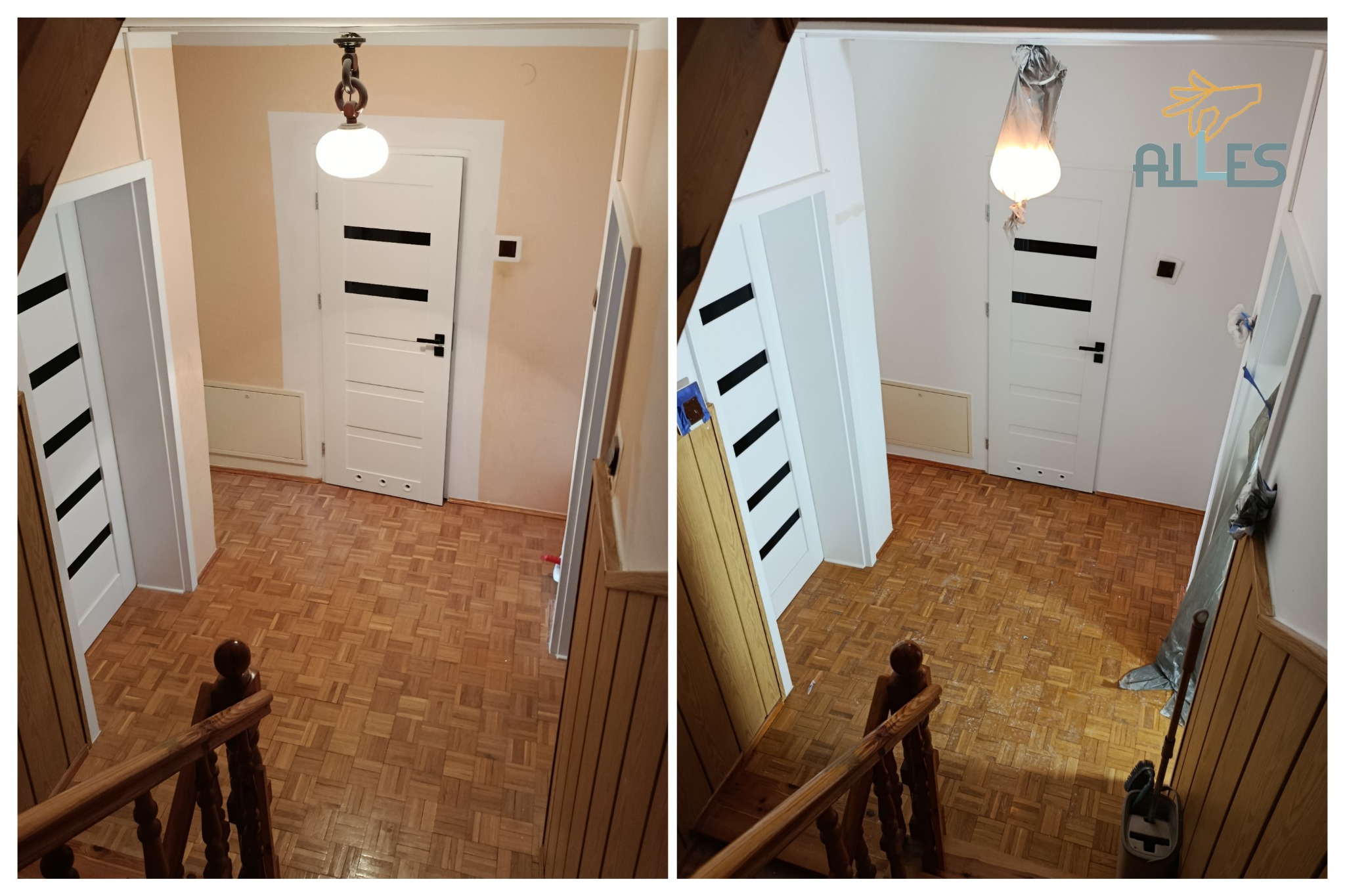 Klatka schodowa przed i po malowaniu agregatem hydrodynamicznym. Widoczne odświeżone ściany, białe drzwi z czarnymi akcentami i drewniana podłoga.