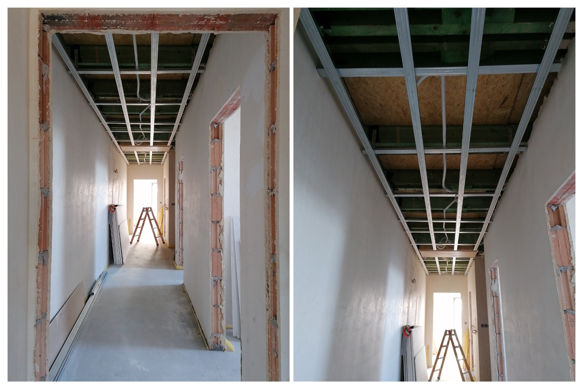 Korytarz w trakcie montażu sufitu podwieszanego z metalowej konstrukcji. Widoczne płyty gipsowe oparte o ścianę i drabina. Surowy stan ścian.