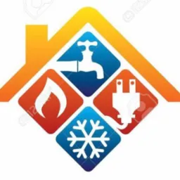 Stylizowany symbol domu z ikonami: kran, płomień, wtyczka elektryczna i płatek śniegu, reprezentujące usługi hydrauliczne, grzewcze, elektryczne i klimatyzacyjne.