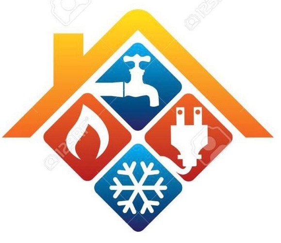 Stylizowany symbol domu z ikonami: kran, płomień, wtyczka elektryczna i płatek śniegu, reprezentujące usługi hydrauliczne, grzewcze, elektryczne i klimatyzacyjne.