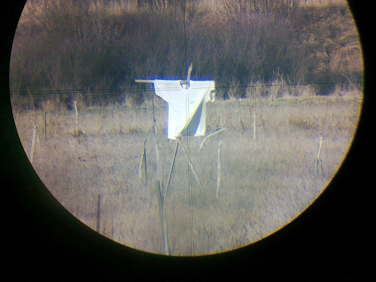 Celownik lunety ustawiony na białą koszulę zawieszoną na drewnianej konstrukcji, prawdopodobnie używaną jako tarcza celownicza na zewnątrz.