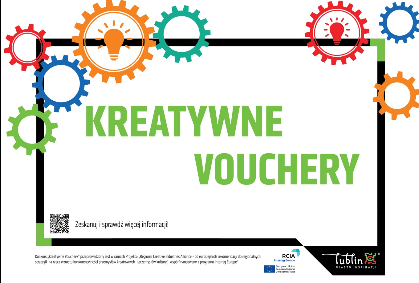 Grafika informacyjna o konkursie 'Kreatywne Vouchery' z elementami graficznymi w postaci kolorowych kół zębatych i żarówek, w ramce z kodem QR do zeskanowania.