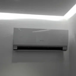 Biała jednostka klimatyzacyjna zamontowana na ścianie w pomieszczeniu z oświetleniem LED na suficie i punktowym światłem. Widoczny otwór na gniazdko elektryczne poniżej.