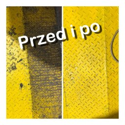 PREMO AGNIESZKA KONOPCZYK - Żółta metalowa podłoga z wzorem, podzielona na dwie części: brudna, ciemna po lewej i czysta, jasna po prawej stronie, z napisem 'Przed i po' nałożonym na zdjęcie.