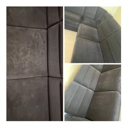 PREMO AGNIESZKA KONOPCZYK - Porównanie fragmentu ciemnoszarej, modułowej kanapy narożnej przed i po praniu, widoczne różnice w czystości tapicerki.