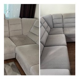 PREMO AGNIESZKA KONOPCZYK - Porównanie stanu narożnika tapicerowanego przed i po czyszczeniu. Po lewej stronie widoczna plama, po prawej narożnik odświeżony i bez zabrudzeń. W tle zasłony i fragment podłogi.