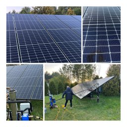 PREMO AGNIESZKA KONOPCZYK - Czyszczenie paneli słonecznych na trawie za pomocą specjalistycznego sprzętu. Widoczne panele przed i w trakcie mycia oraz urządzenie do czyszczenia.