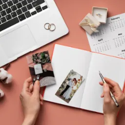 Planowanie ślubu: otwarty notatnik, kalendarz z zaznaczonymi miesiącami, zdjęcia pary młodej i dekoracji stołu weselnego, pierścionek zaręczynowy, laptop, bawełna i pióro na różowym tle.